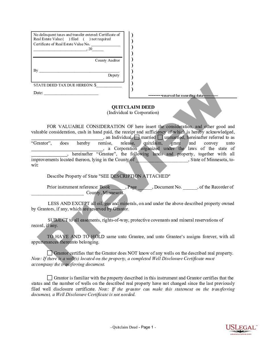 page 0 Quitclaim Deed from Individual to Corporation preview