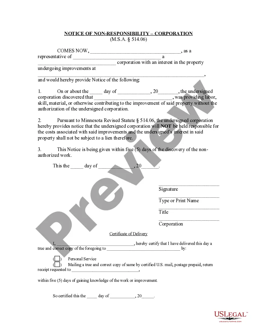 Preview Notice of Nonresponsibility - Corporation or LLC