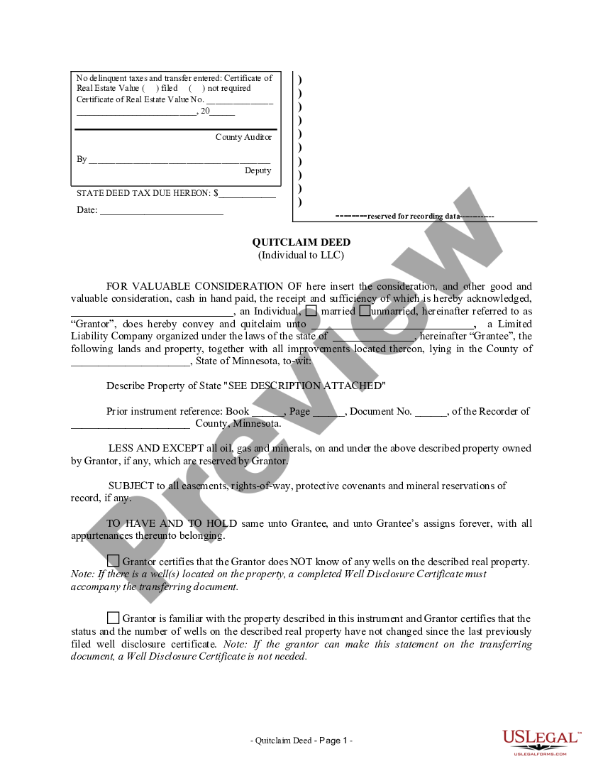 Minnesota Quitclaim Deed From Individual To Llc Quit Claim Deed Llc To Individual Us Legal Forms 0232