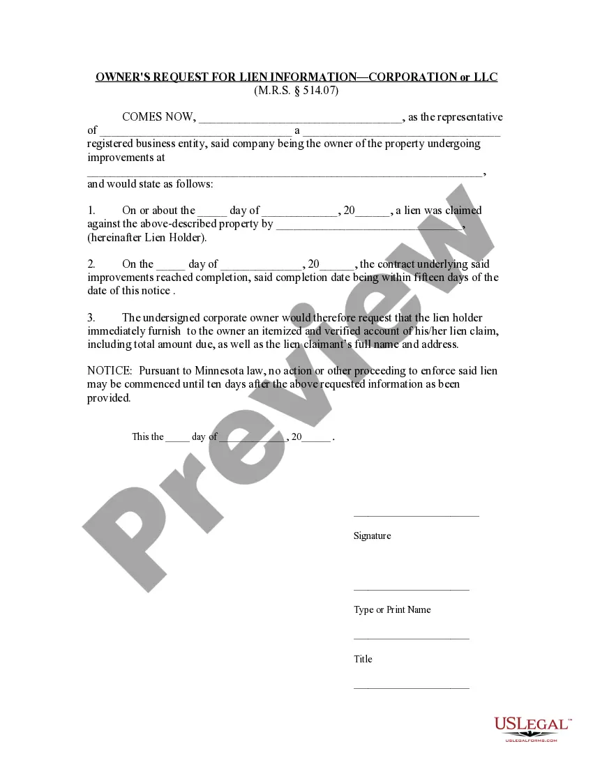 Preview Owner's Request for Lien Information - Corporation