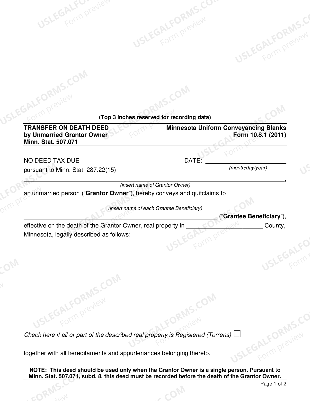 Hennepin Minnesota Transfer on Death Deed by Unmarried Grantor Owner
