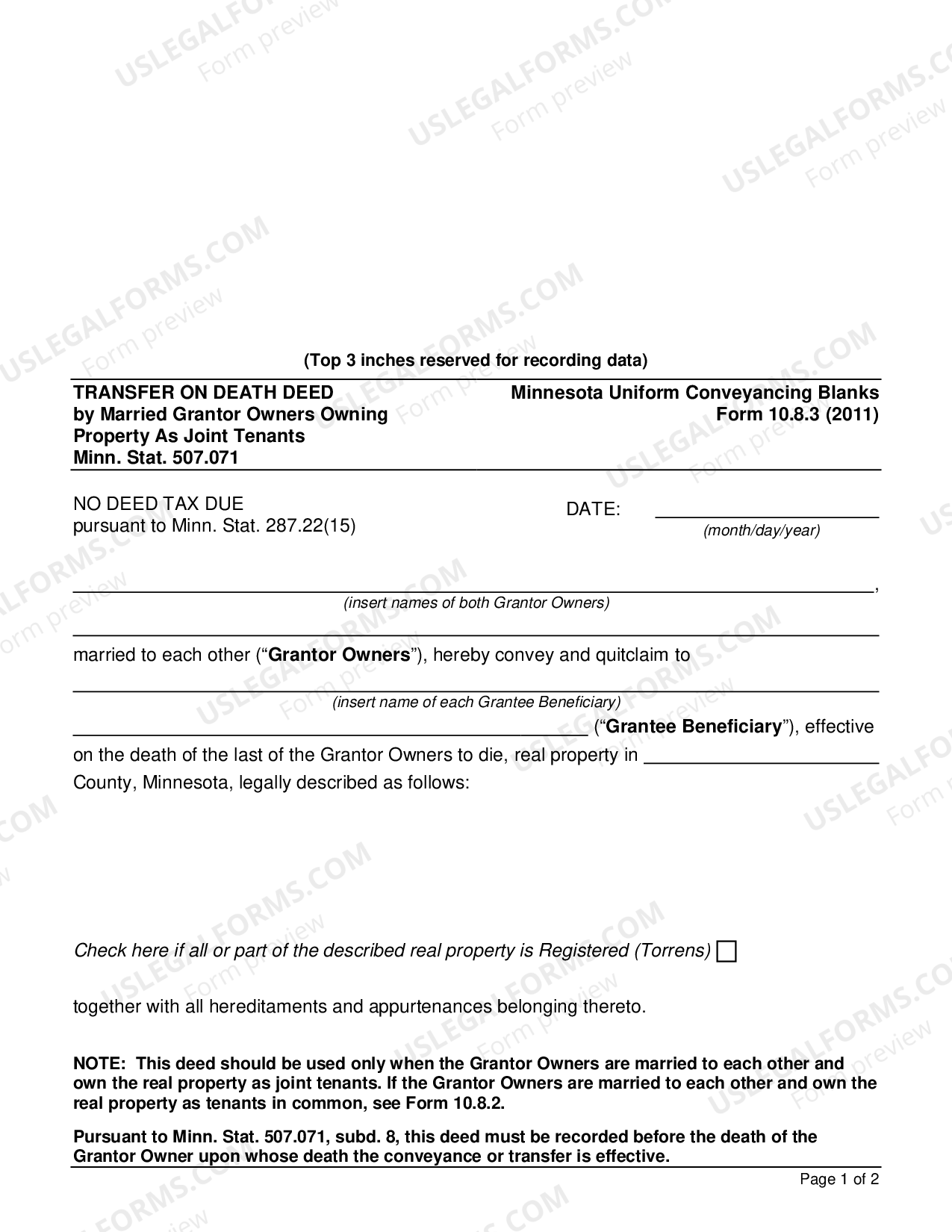 Hennepin Minnesota Transfer on Death Deed by Married Grantor Owners
