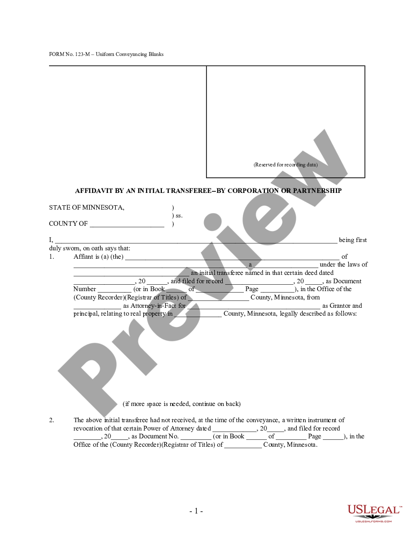 Minnesota Affidavit By An Initial Transferee By Corporation Or Partnership Ucbc Form 10024 4636