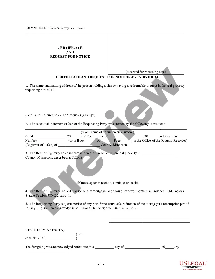 Minnesota Certificate And Request For Notice by Individuals - Form 60.6 ...