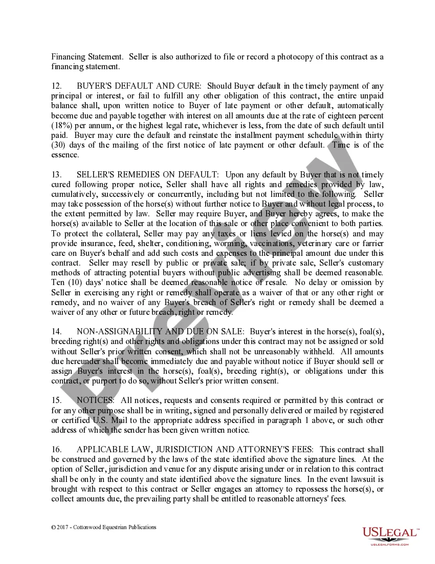 Get Installment Purchase and Security Agreement Without Limited Warranties - Horse Equine Forms Preview Installment Purchase and Security Agreement Without Limited Warranties - Horse Equine Forms