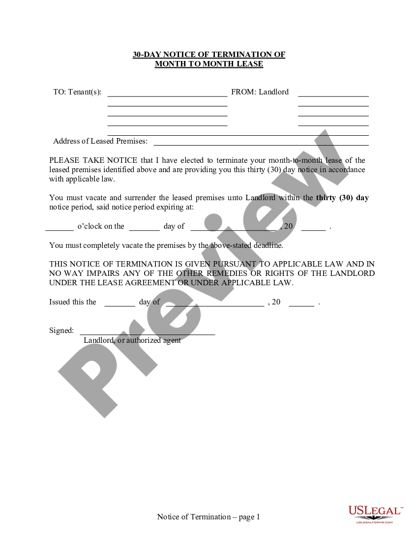 Minnesota 30 Day Notice To Terminate Month To Month Lease From Landlord 