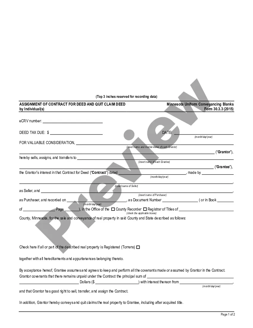 Hennepin Minnesota Assignment of Contract for Deed And Quit Claim Deed ...