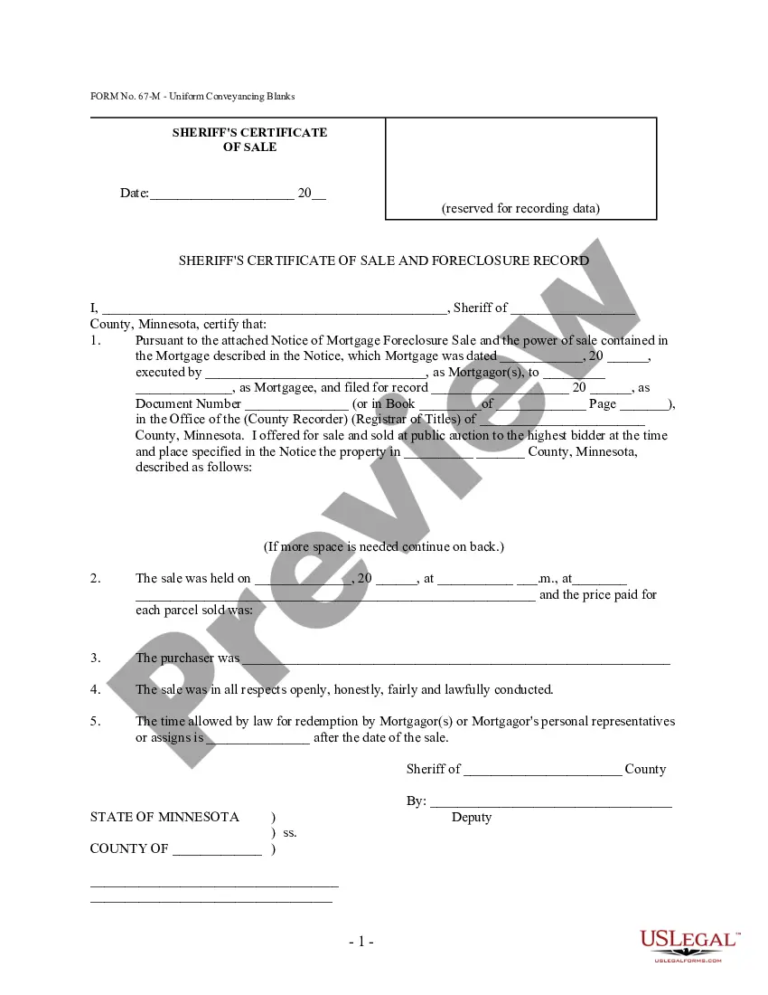 Minneapolis Minnesota Sheriffs Certificate Of Sale And Foreclosure Record Form 603 Sale 