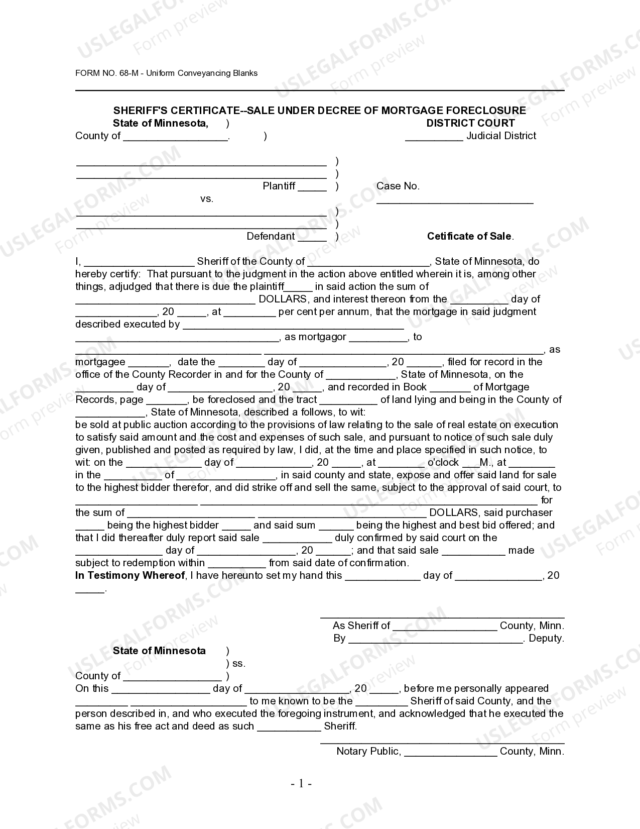 Minnesota Sheriff's Certificate Sale Under Decree of Mortgage Foreclosure UCBC Form 60.4