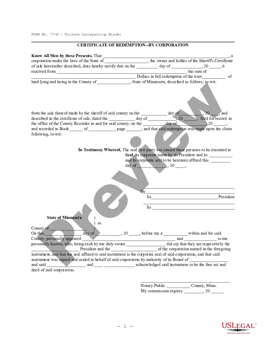 Minnesota Certificate Of Redemption By Corporation - Ucbc Form 60.5 