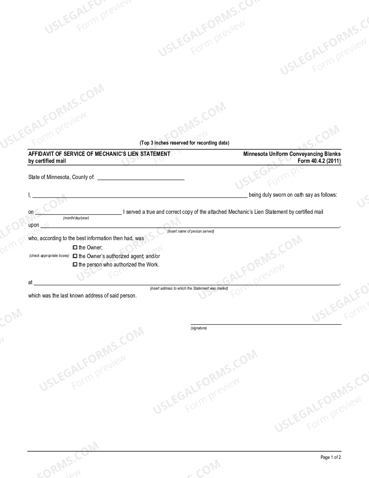 Mechanic Statement Minnesota Affidavit of Service of Mechanic's Lien Statement by ...