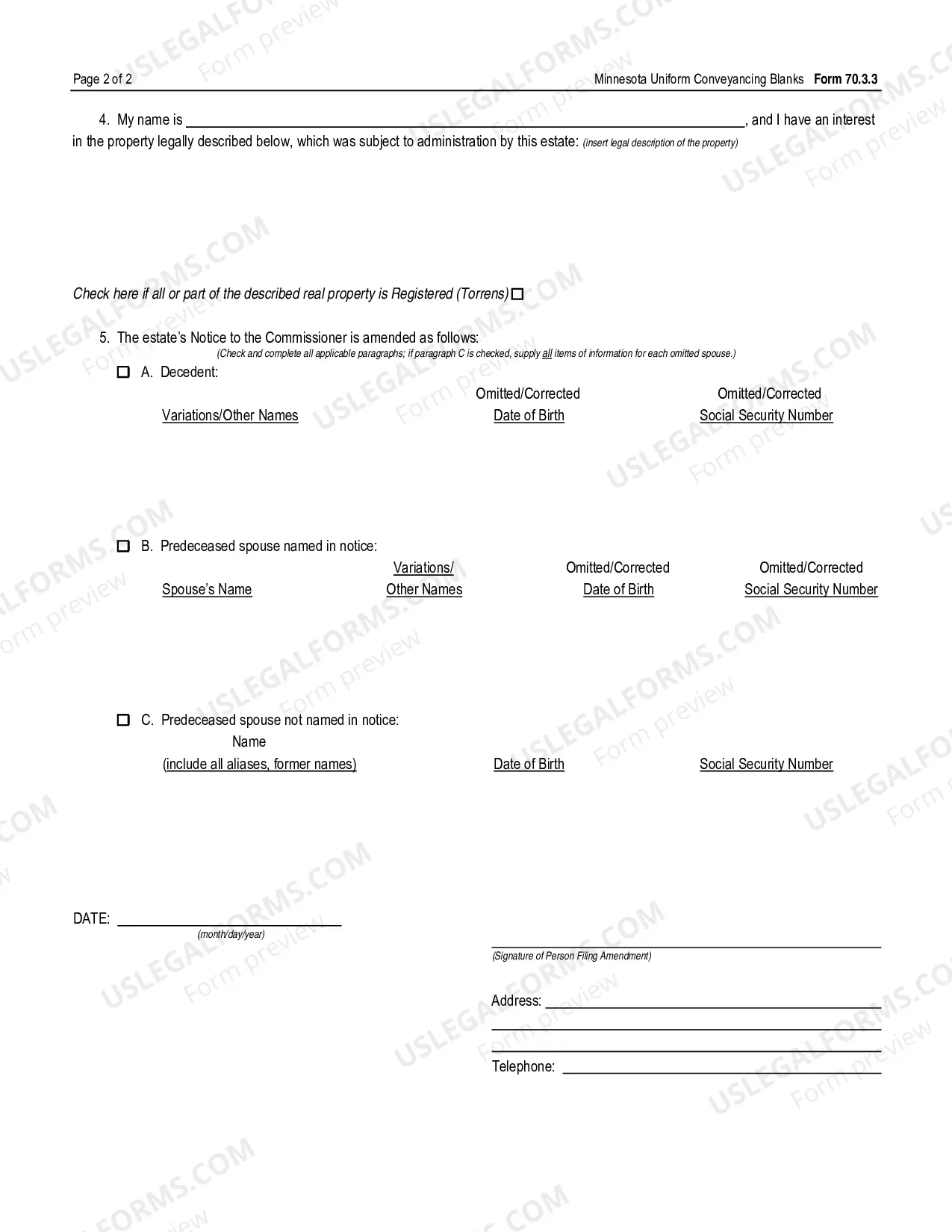 Preview Amendment to Notice to the Commissioner Regarding Possible Claims under Minnesota Statutes - UCBC Form 70.3.3