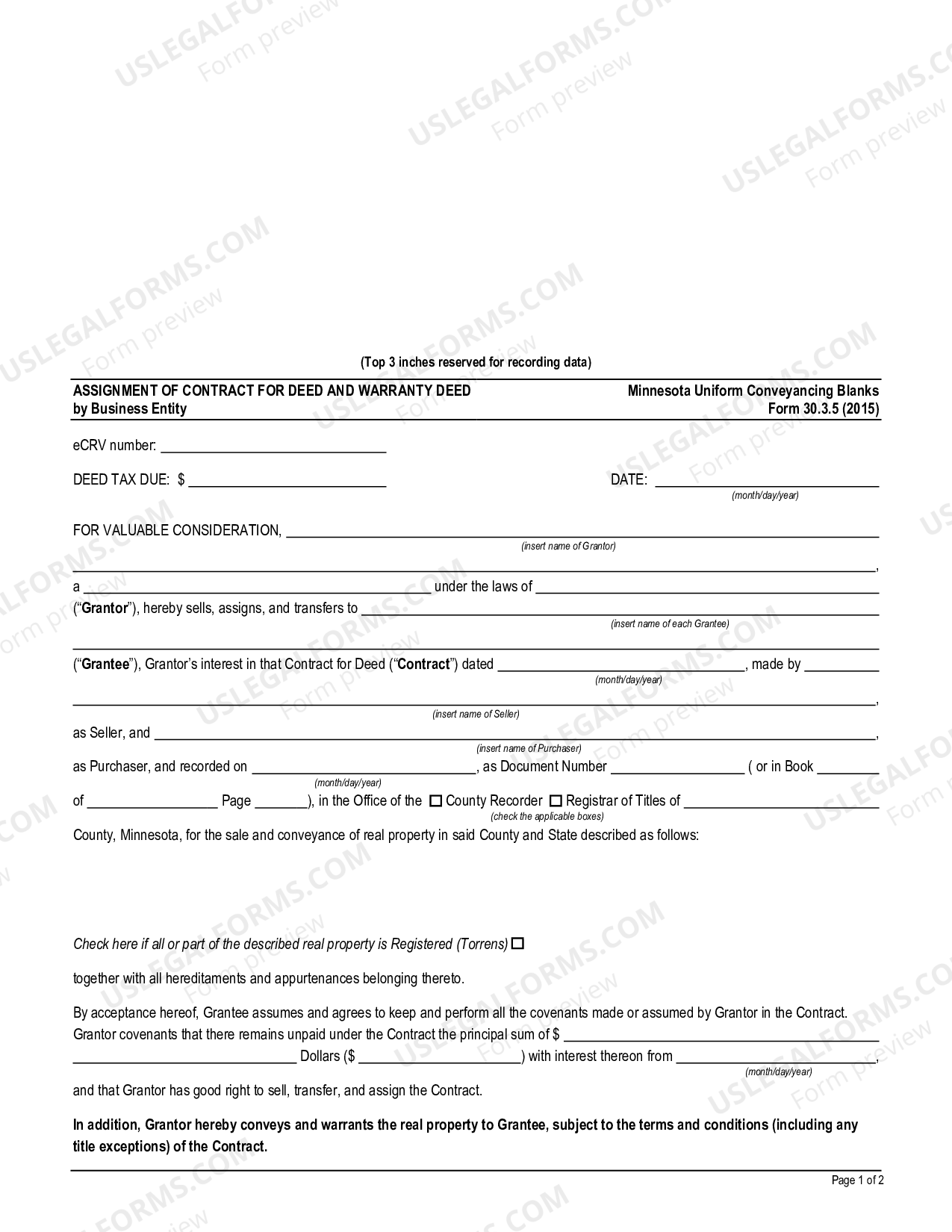 Minnesota Assignment Of Contract For Deed And Warranty Deed By Business