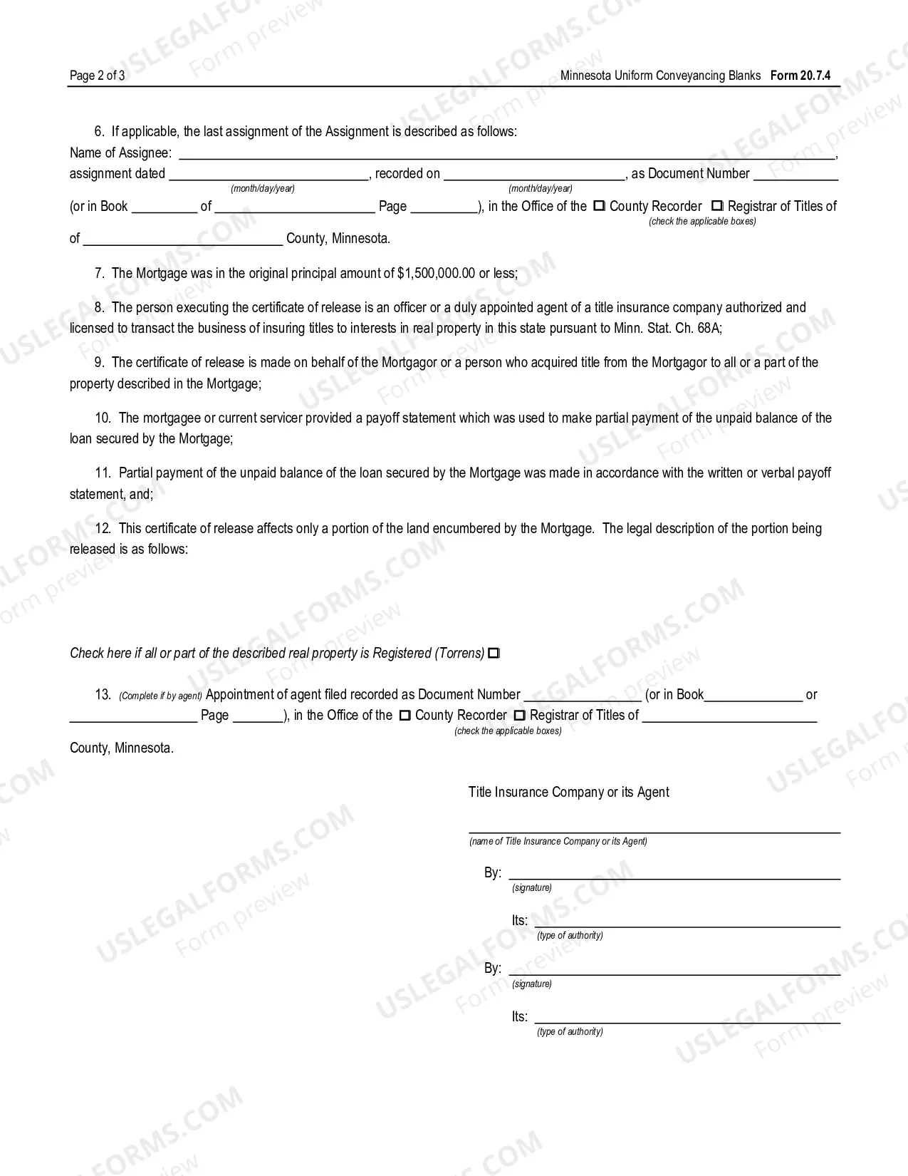 Preview Certificate of Partial Release of Mortgage and Assignment of Rents and Profits by Title Insurance Company or Its Agent - Minn. Stat. 507.401 - UCBC Form 20.7.4