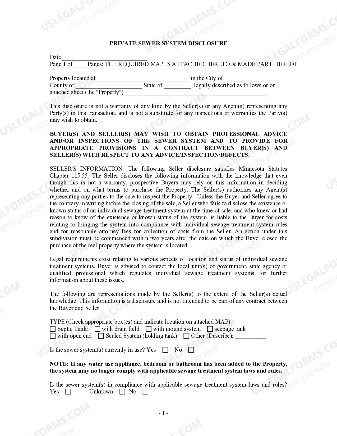 Minnesota Private Sewer System Disclosure Minnesota Disclosure US