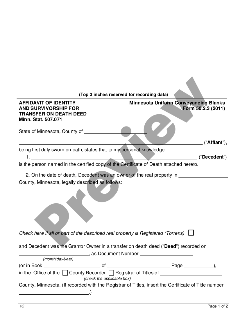 Minnesota Affidavit Of Identity And Survivorship For Transfer On Death Deed Minn Stat 507 4296