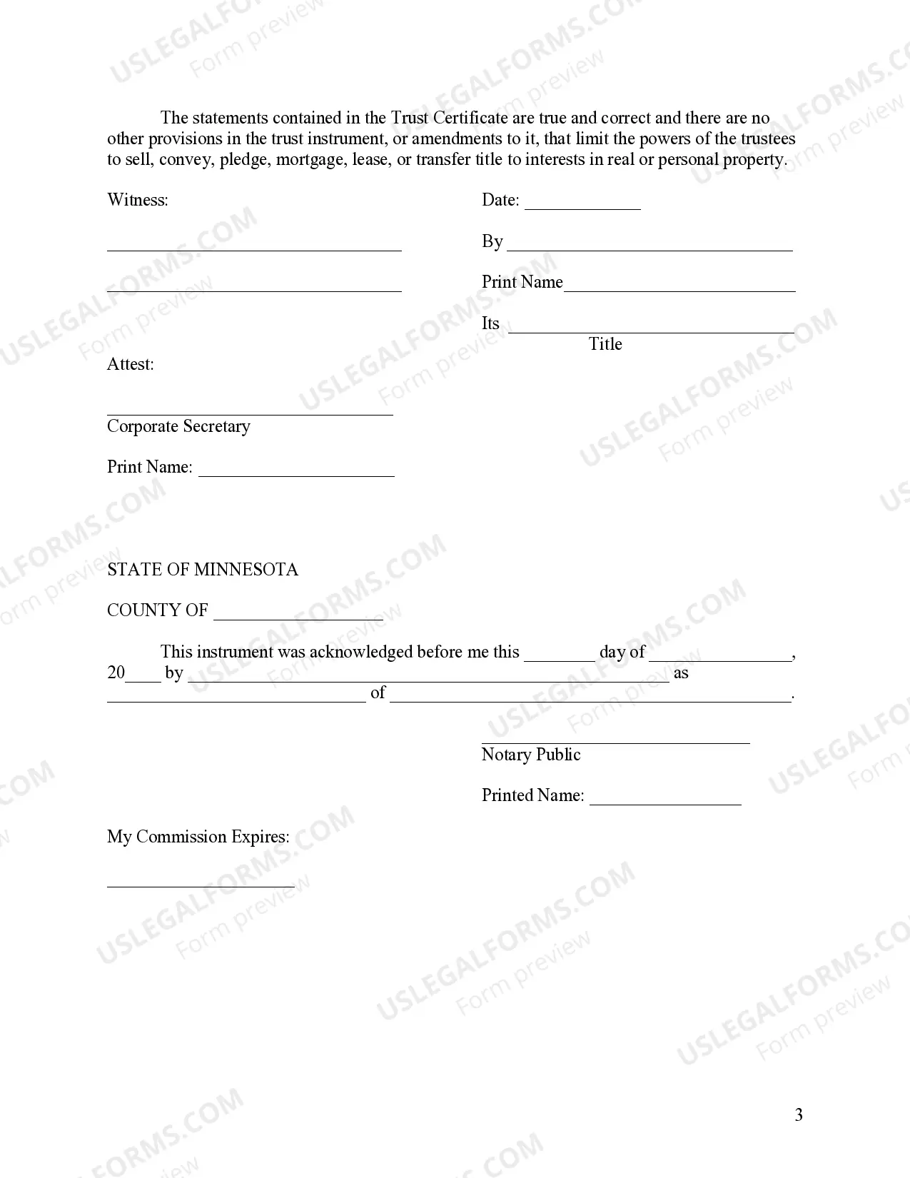 Preview Minnesota Certificate of Trust by Corporation