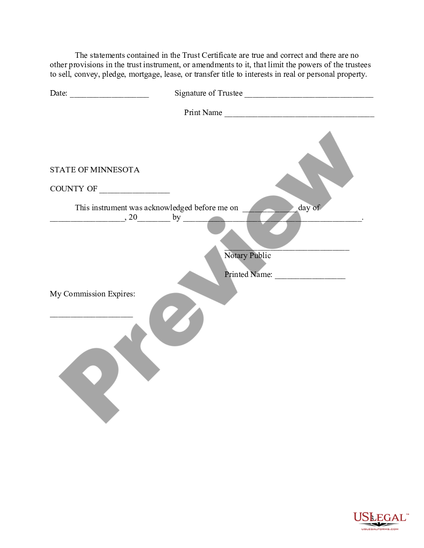 Minnesota Certificate Of Trust By Individual Certificate Of Trust Us Legal Forms 0370