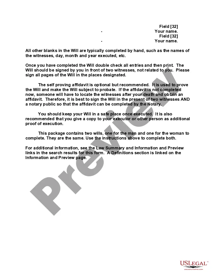 Preview Mutual Wills containing Last Will and Testaments for Man and Woman living together not Married with No Children