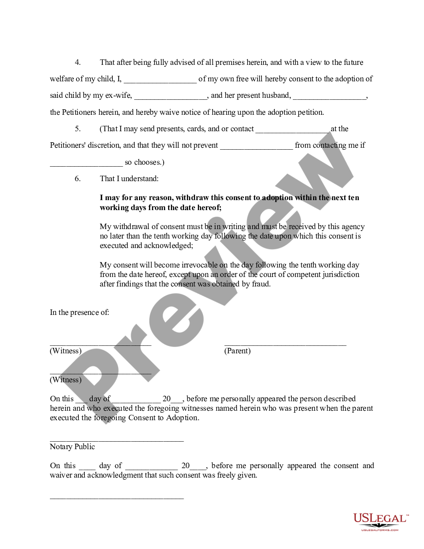 Minneapolis Minnesota Consent of Parent to Adoption and Waiver of