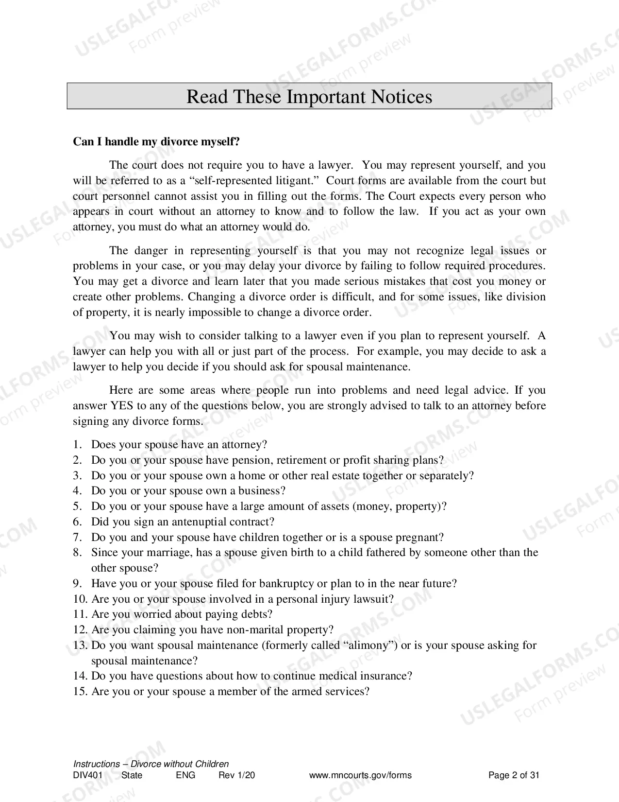 Preview Instructions For Dissolution of Marriage Without Children