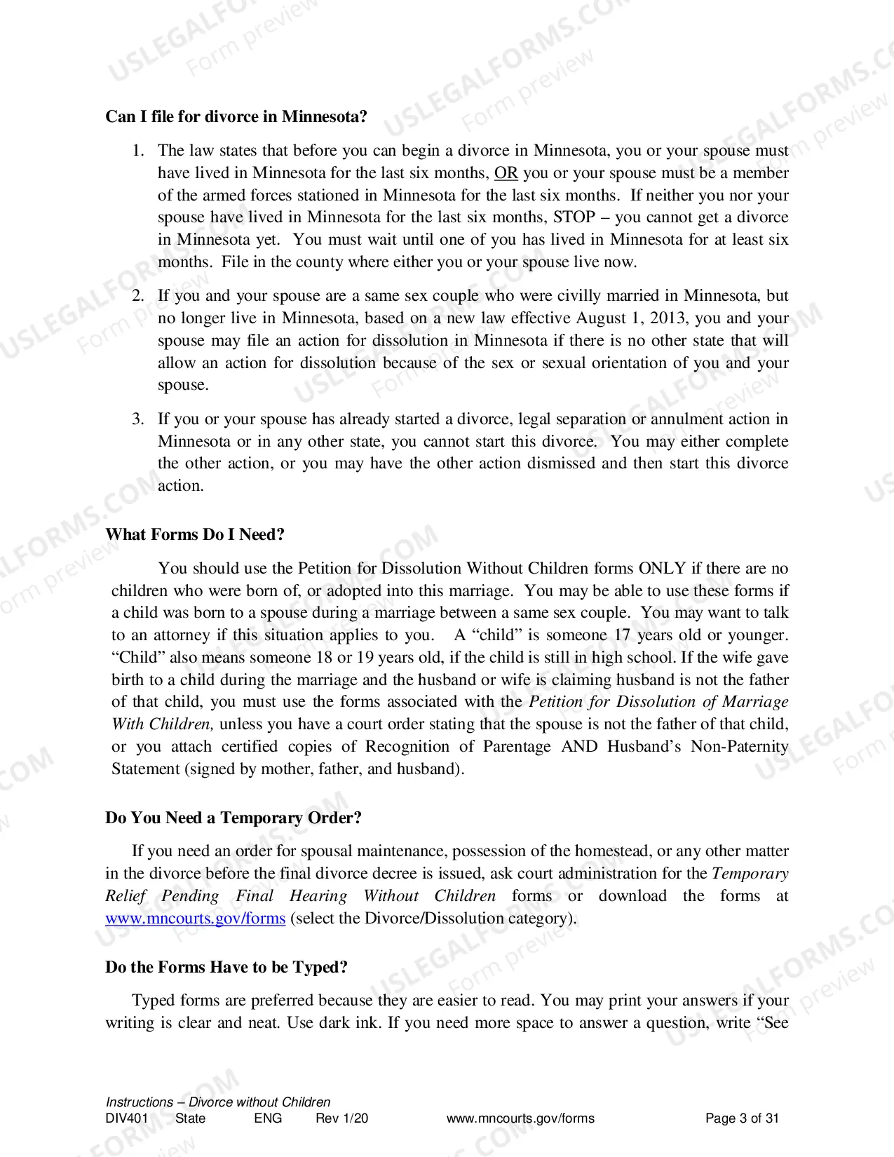 Preview Instructions For Dissolution of Marriage Without Children