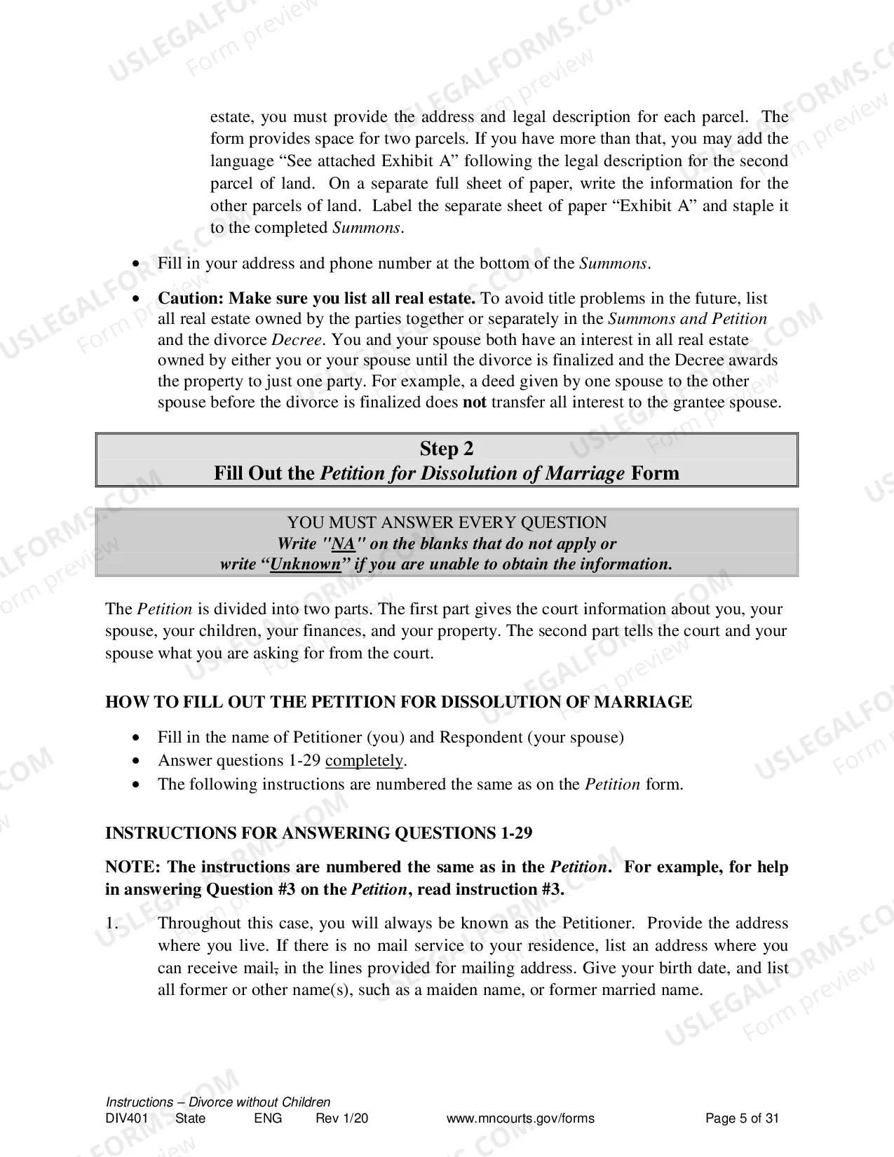 Preview Instructions For Dissolution of Marriage Without Children