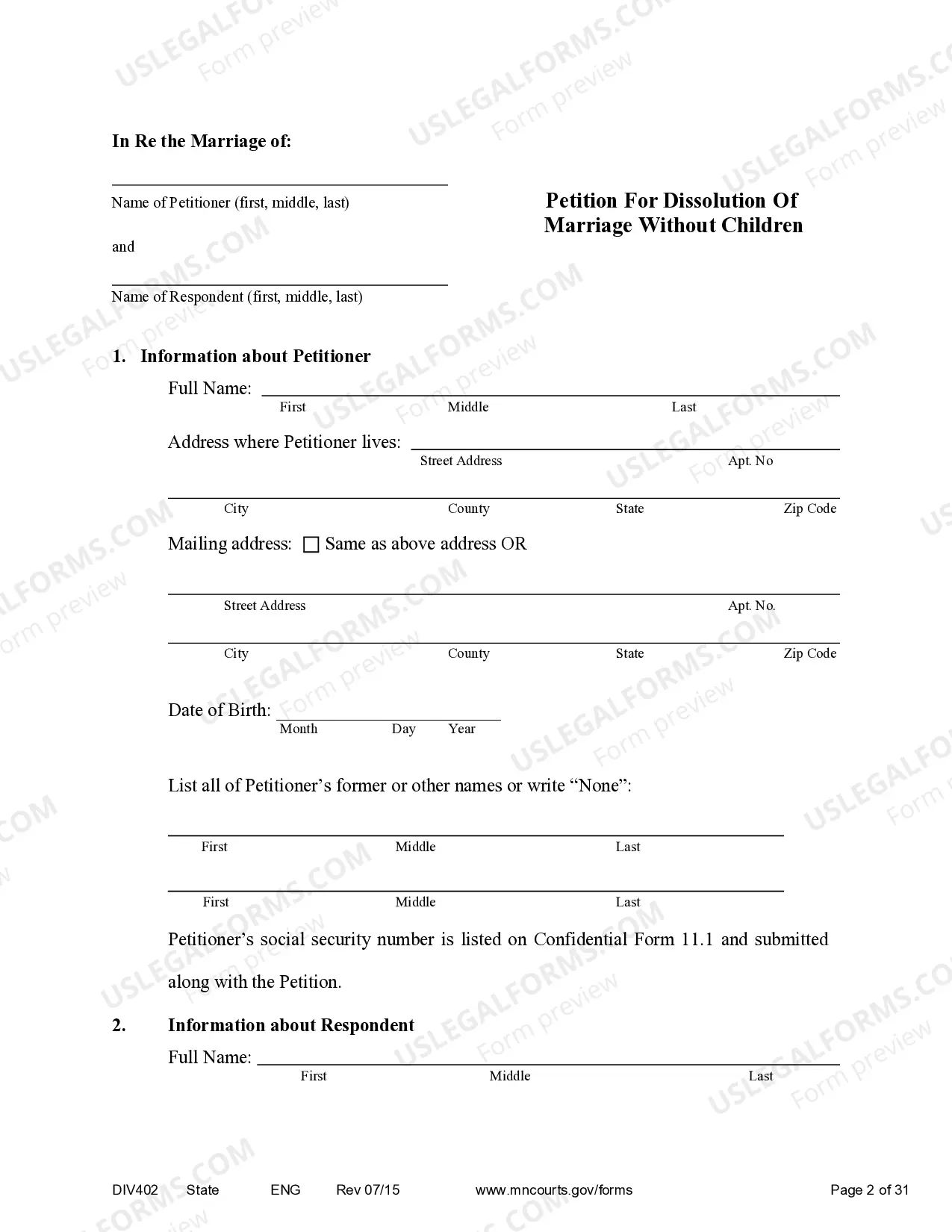 Preview Petition for Dissolution of Marriage without minor children