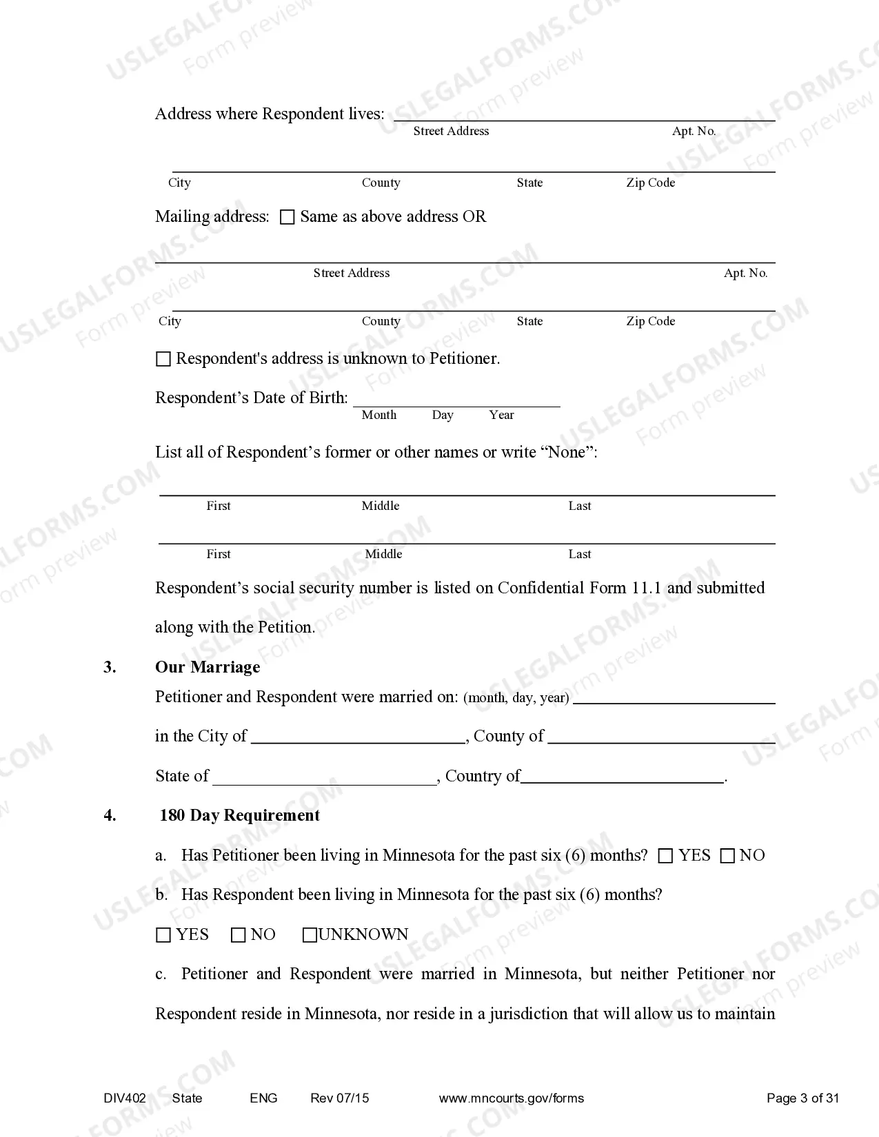 Preview Petition for Dissolution of Marriage without minor children