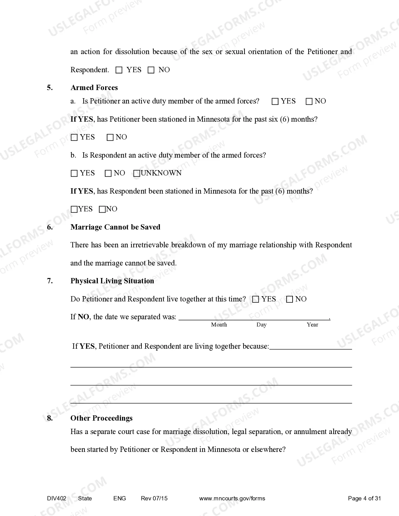 Preview Petition for Dissolution of Marriage without minor children