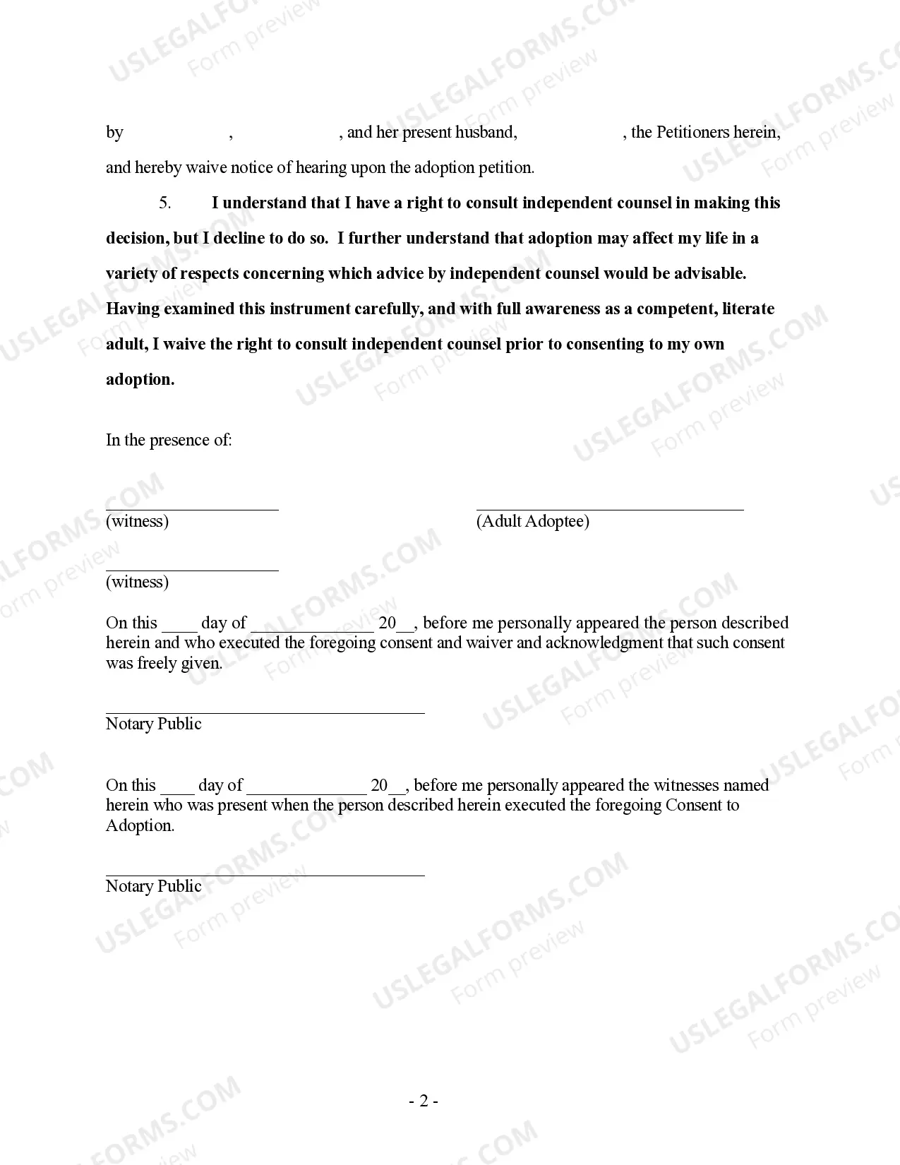 Preview Consent by adult to her own adoption by someone else