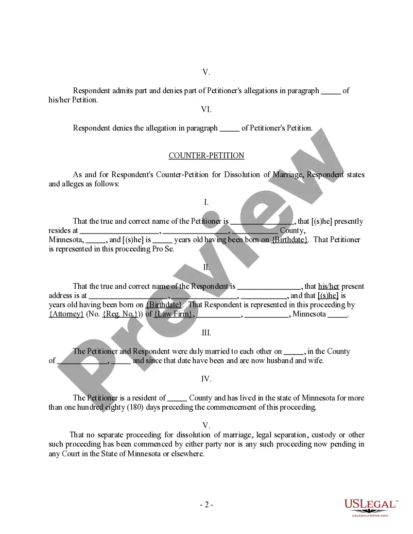 Preview Respondent's Answer and Counterpetition for Dissolution of Marriage