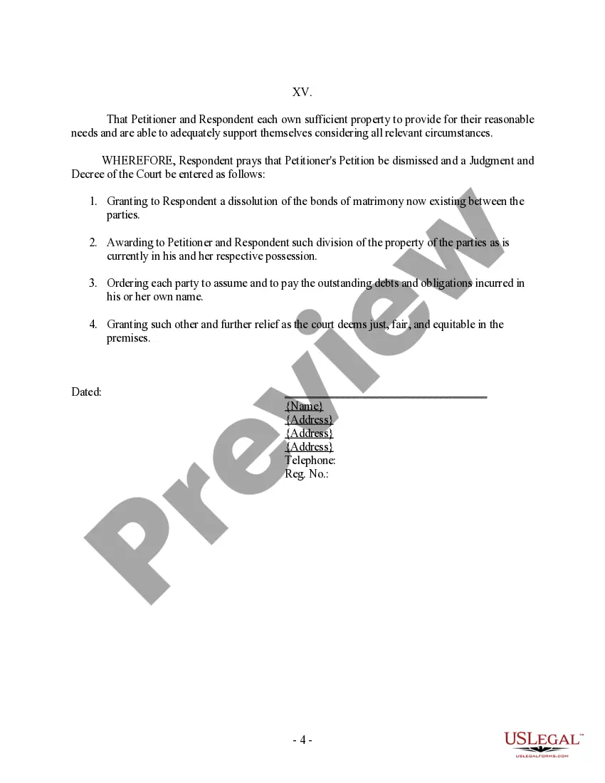 Preview Respondent's Answer and Counterpetition for Dissolution of Marriage
