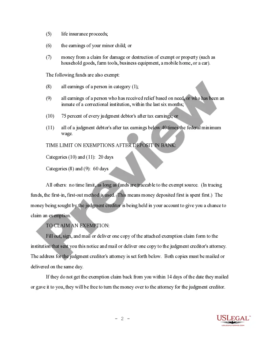 Get Notice to Garnishee regarding Wages Exempt from Garnishment Preview Notice to Garnishee regarding Wages Exempt from Garnishment