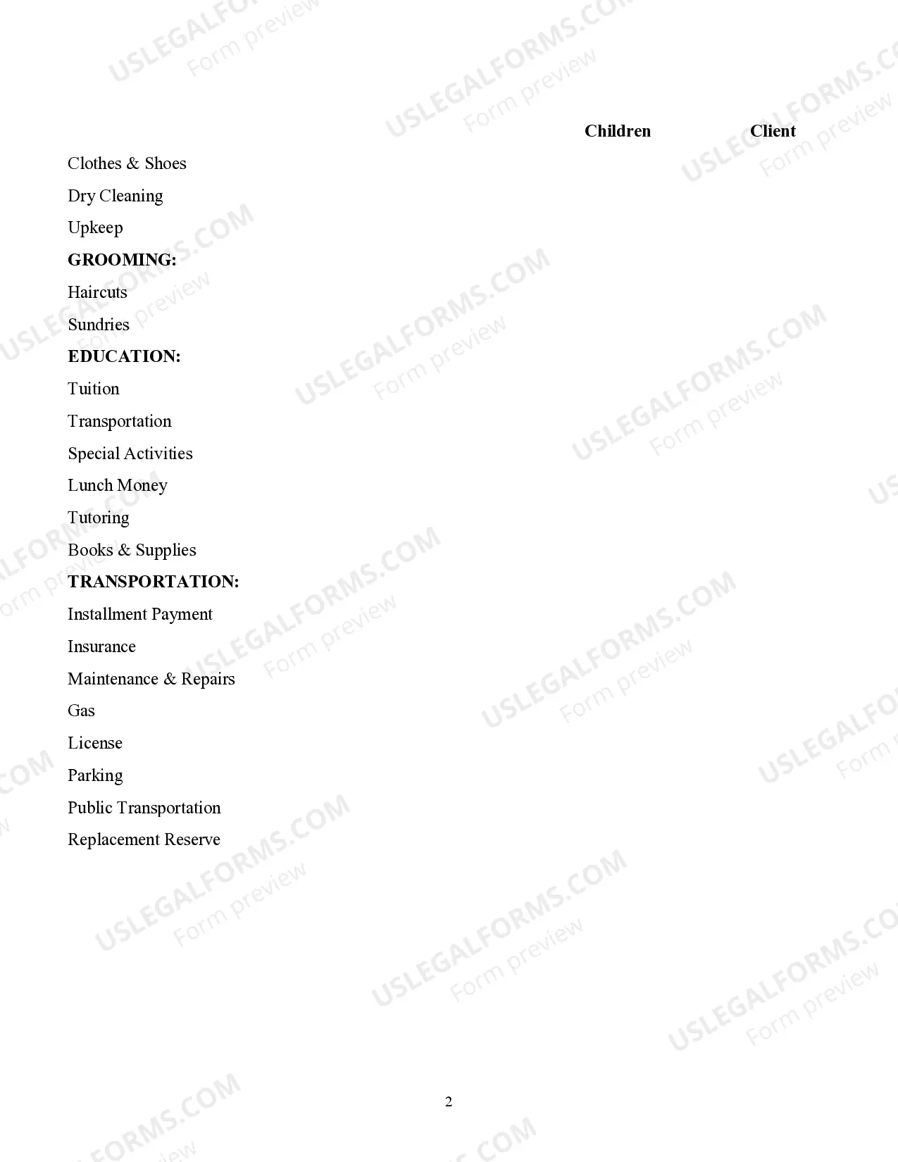 Preview Monthly Living Expenses Information Sheet