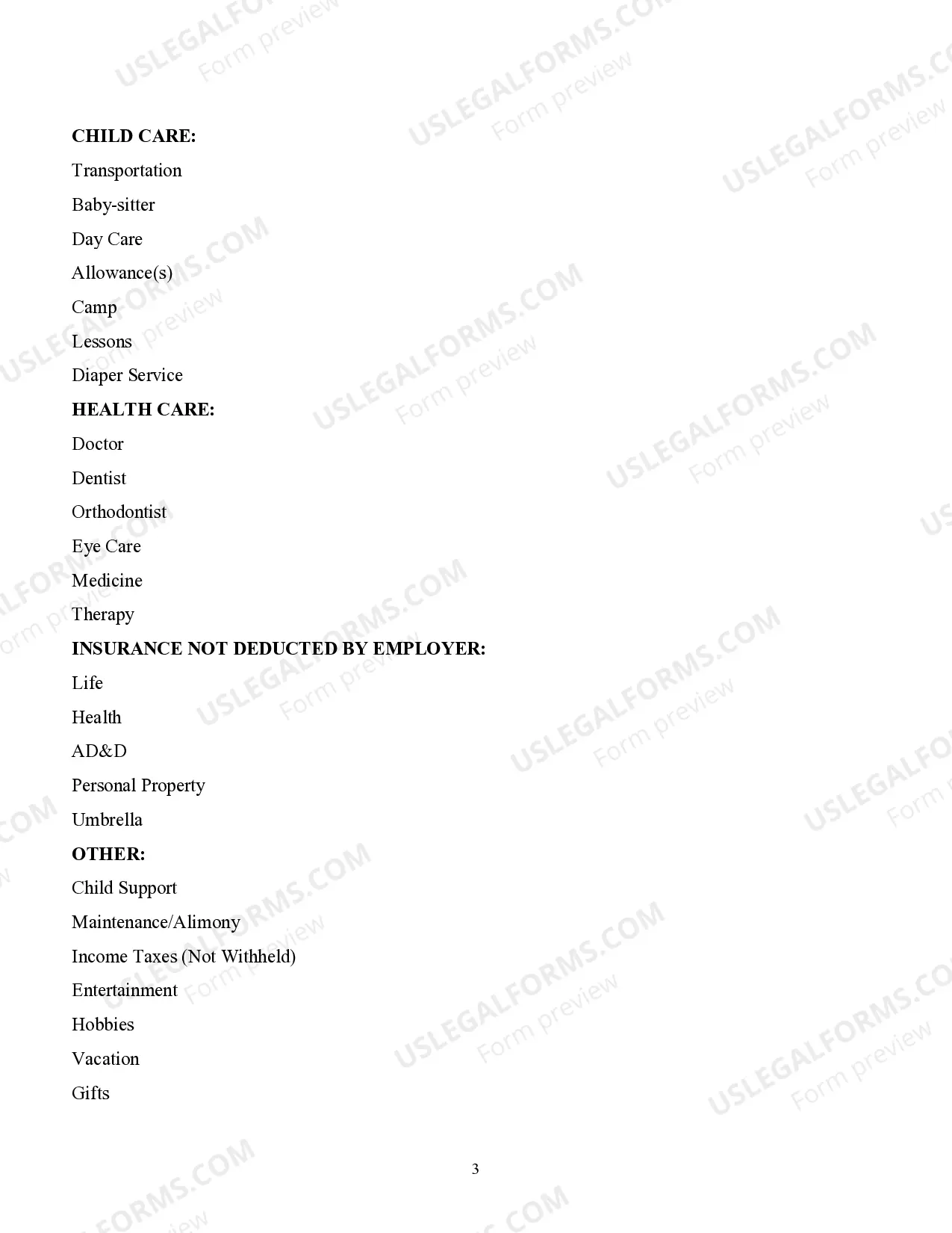 Preview Monthly Living Expenses Information Sheet