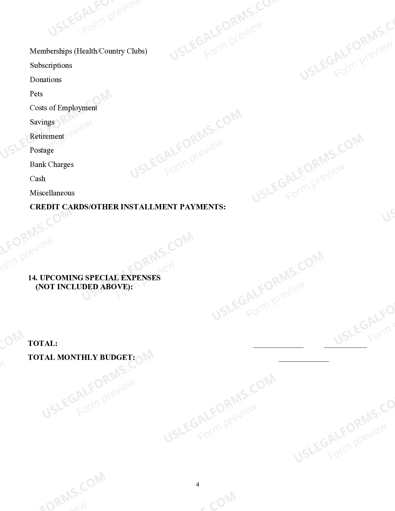 Preview Monthly Living Expenses Information Sheet