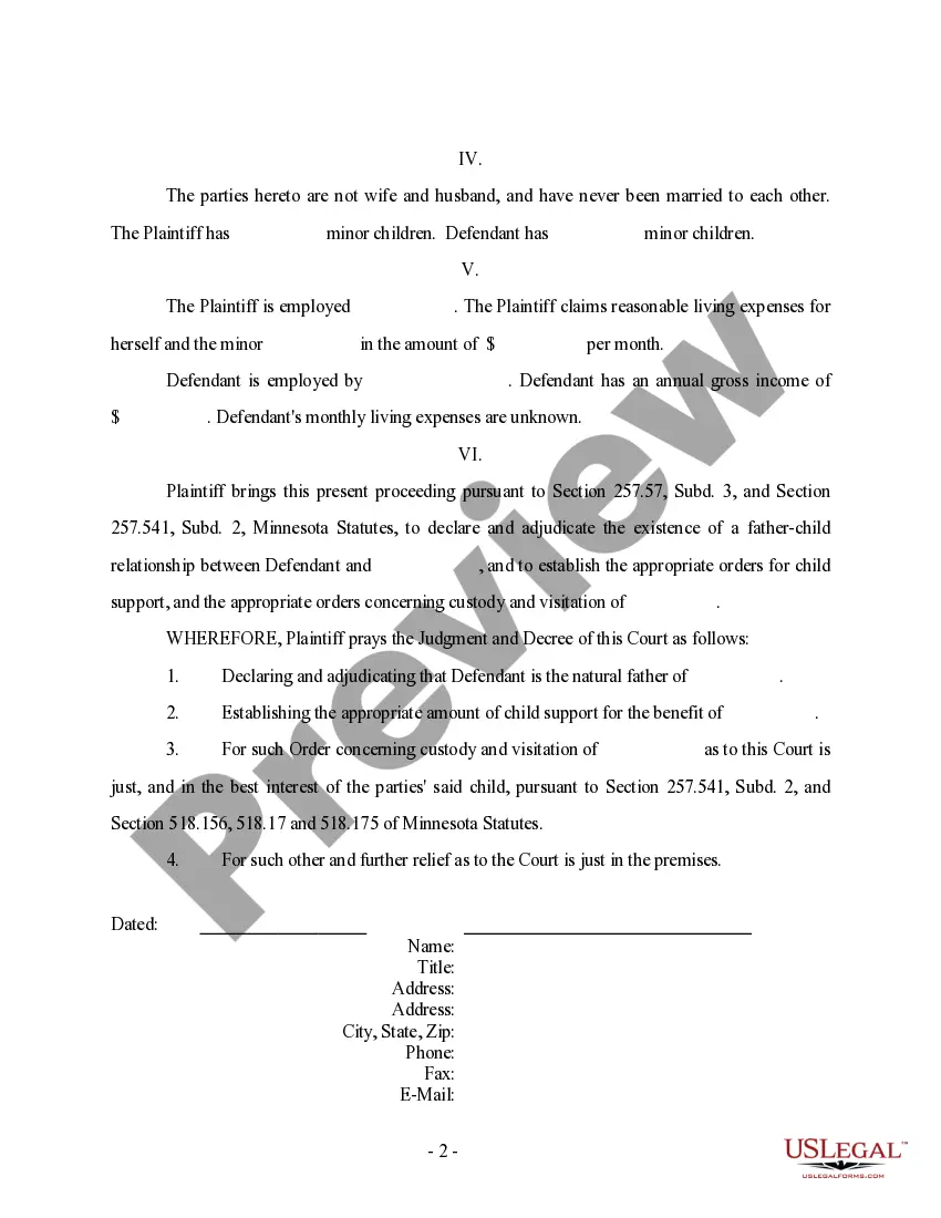 Preview Complaint regarding Child Support - Custody - Visitation