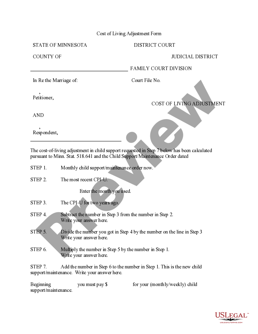 Minnesota Instructions for Cost of Living Adjustment Worksheet