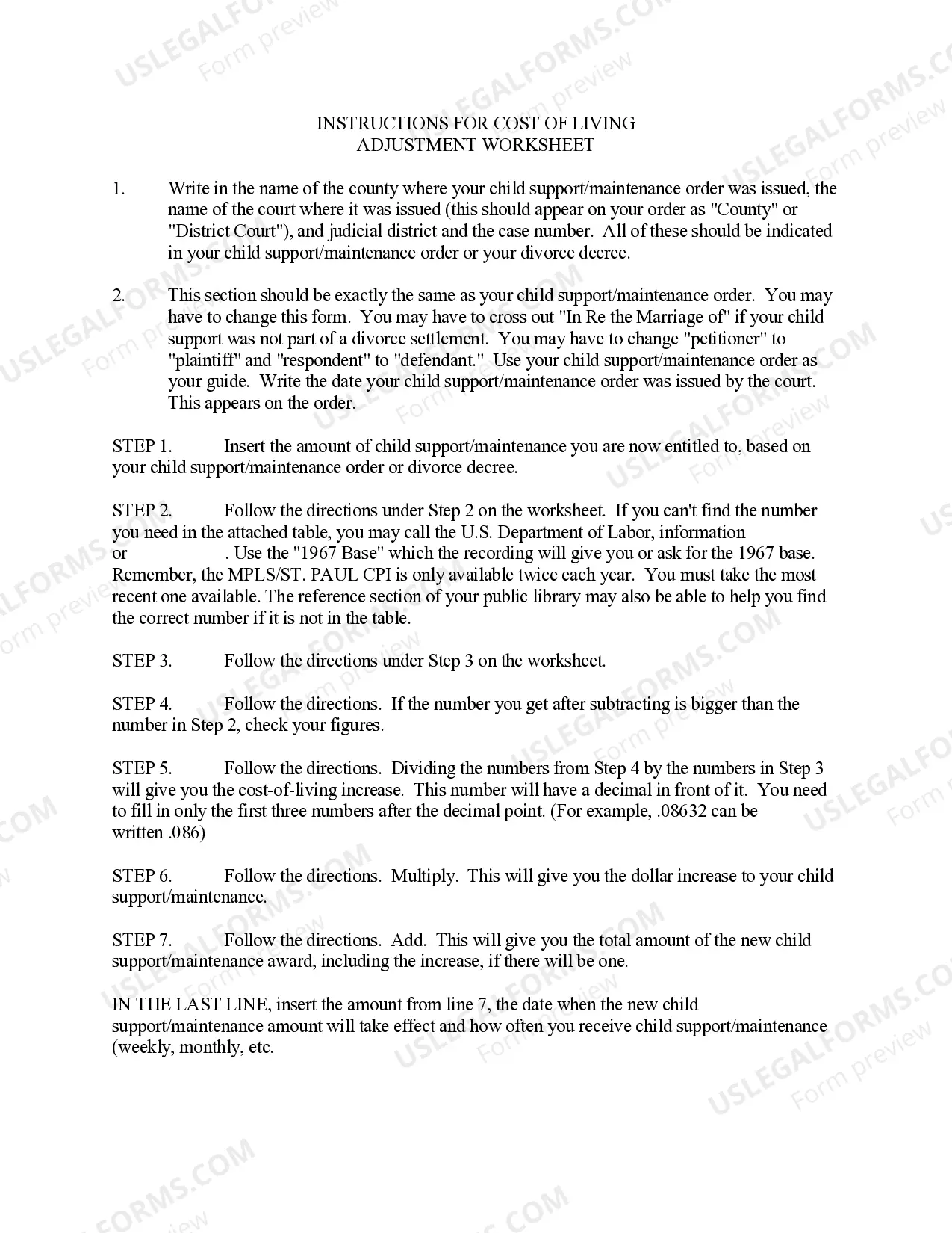 Preview Instructions for Cost of Living Adjustment Worksheet
