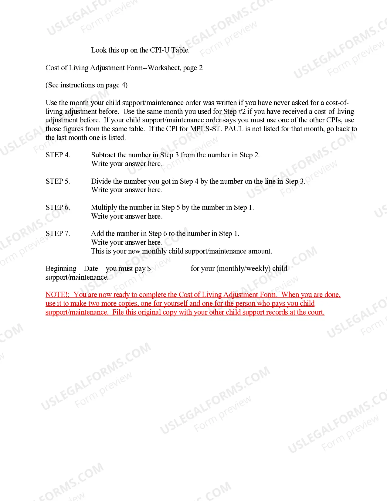 Preview Instructions for Cost of Living Adjustment Worksheet