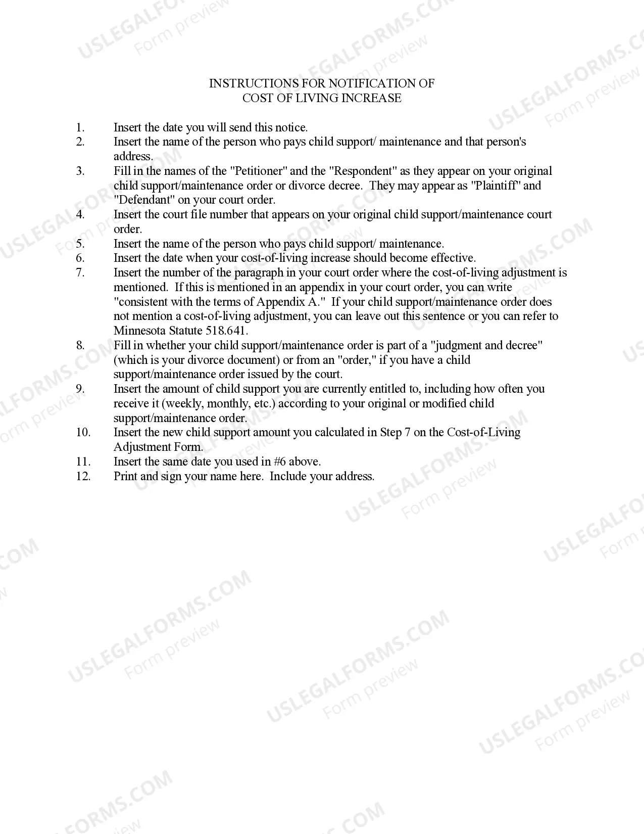 Preview Instructions for Cost of Living Adjustment Worksheet