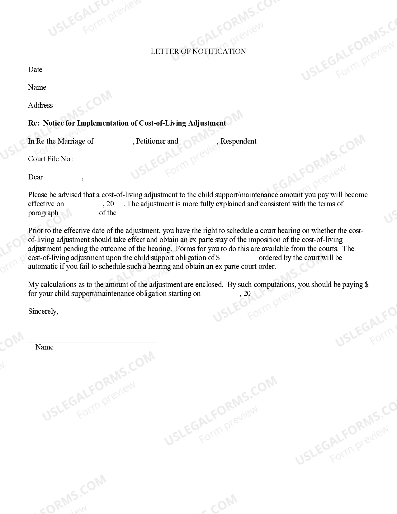 Preview Instructions for Cost of Living Adjustment Worksheet