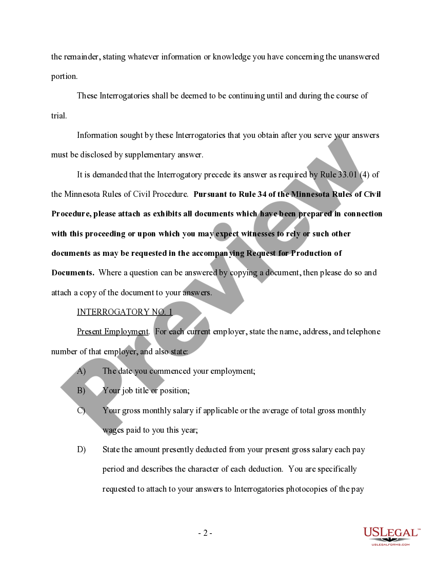 Minnesota Divorce Discovery Interrogatories For Breach Of Contract US