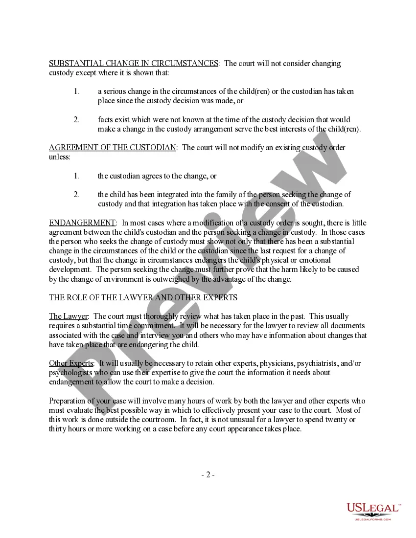 Preview Informational Material for Client - Modifying a Custody Order - Obtaining a Change in Custody