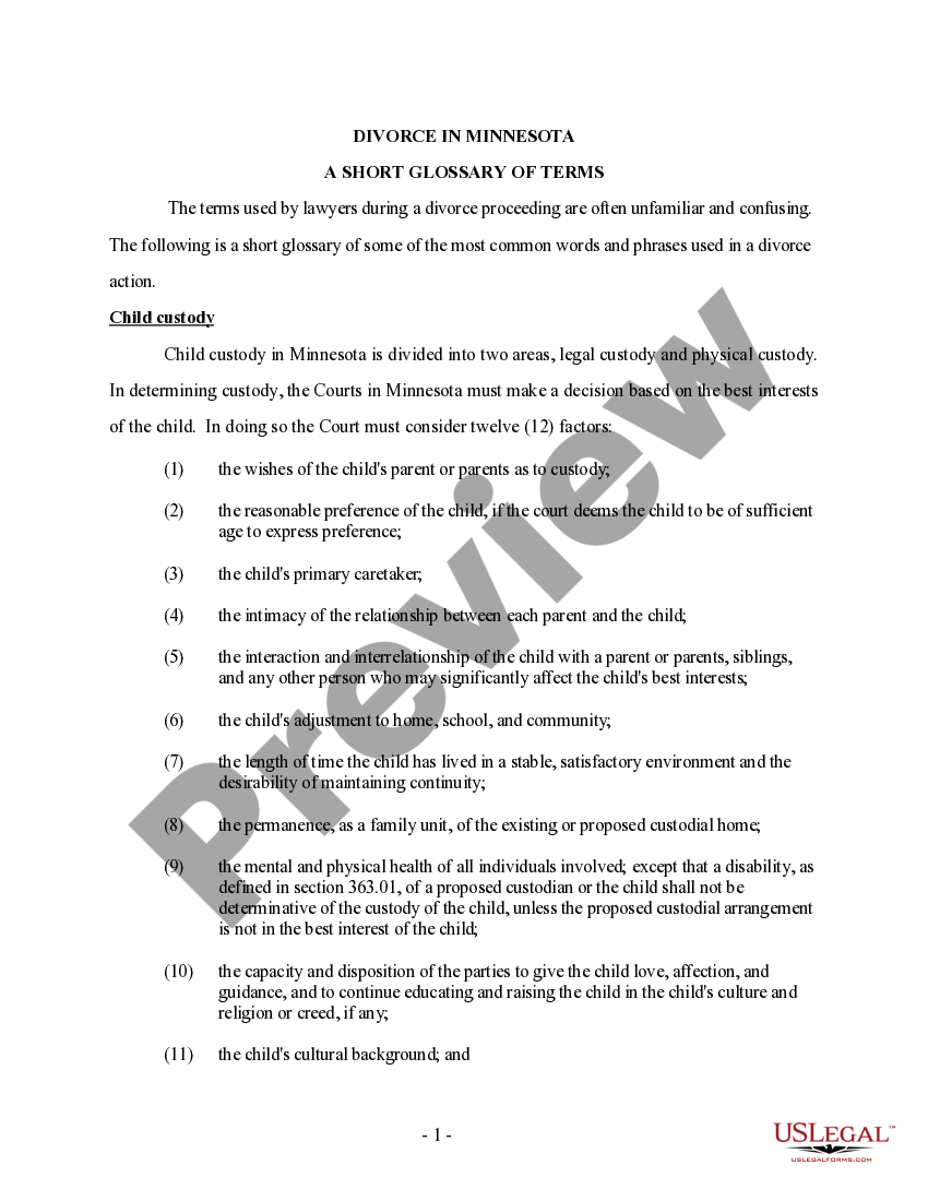 Minnesota Glossary of Child Custody Terminology for Client US Legal