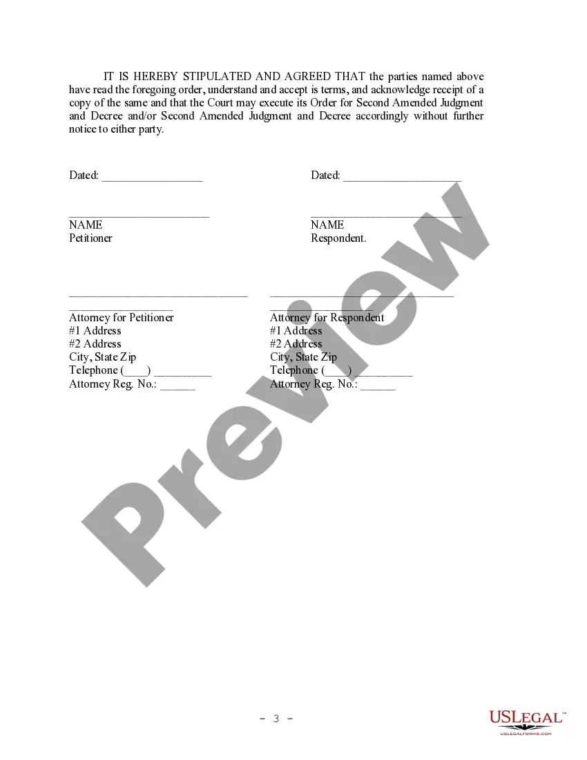 Preview Stipulation and Order for Second Amended Judgment and Decree