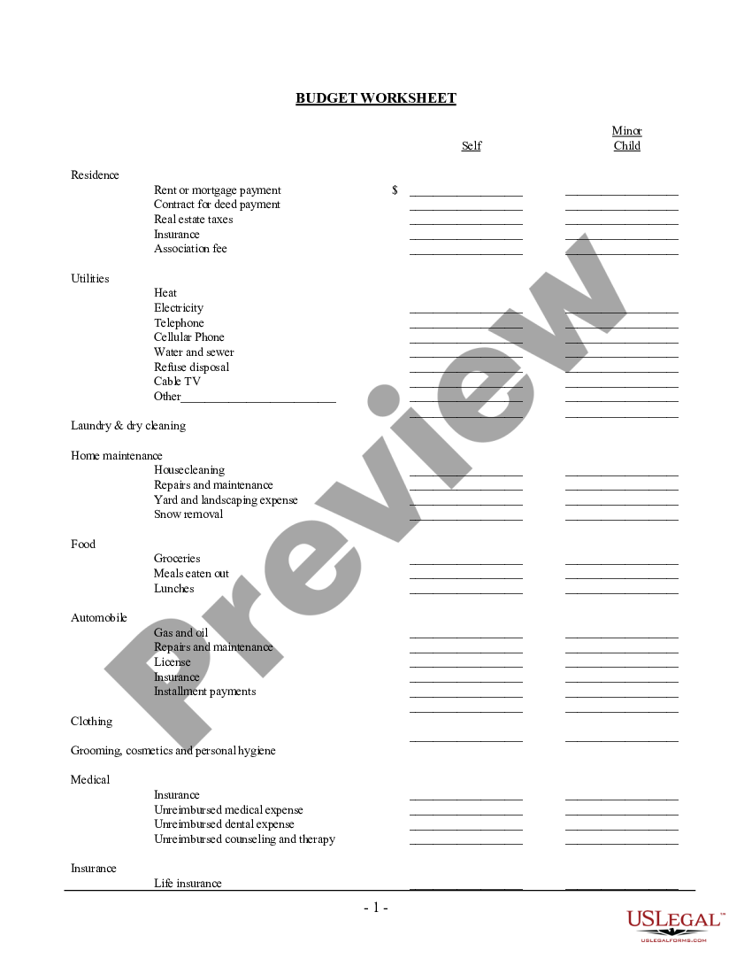 Minnesota Budget Worksheet For Divorce Divorce Budget Worksheet Us Legal Forms