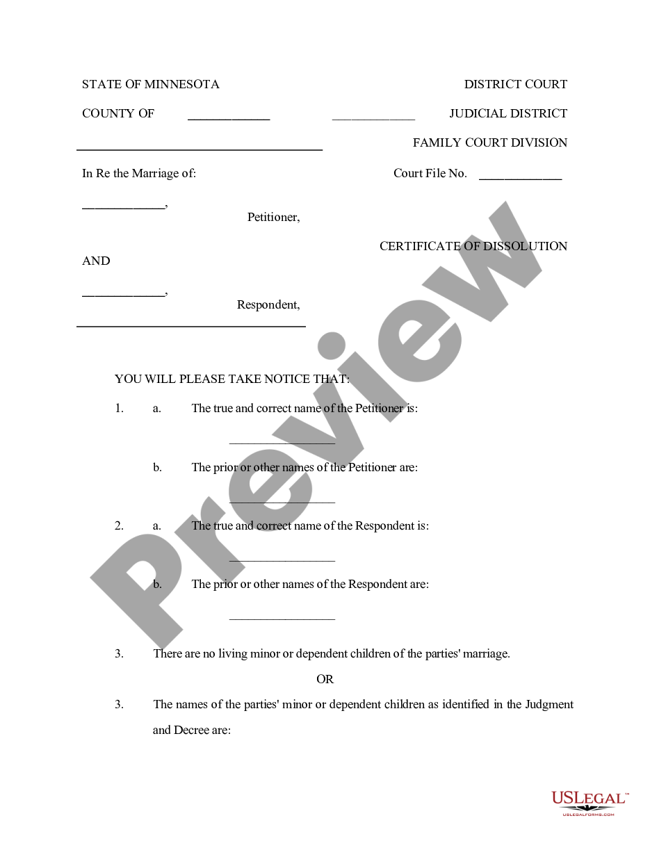 Minnesota Court Order of Dissolution of Marriage US Legal Forms
