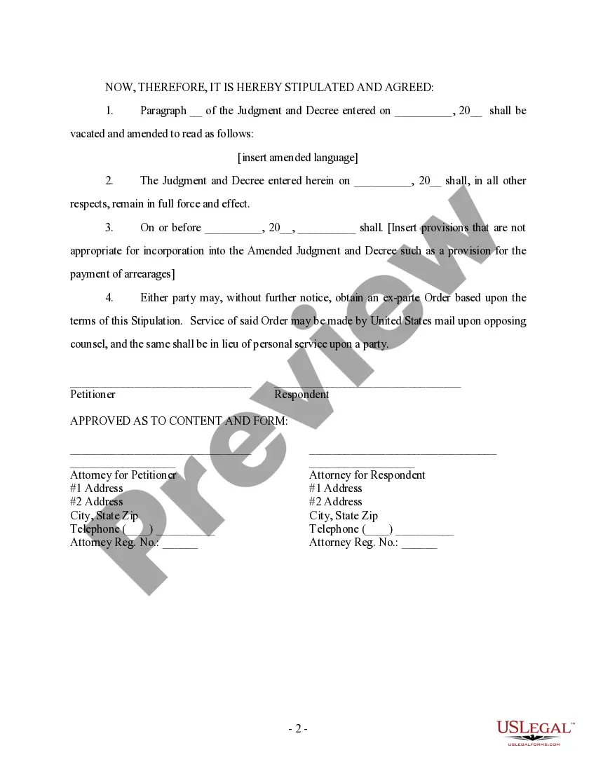 Get Stipulation to Amend Judgment and Decree in Divorce Matter Preview Stipulation to Amend Judgment and Decree in Divorce Matter
